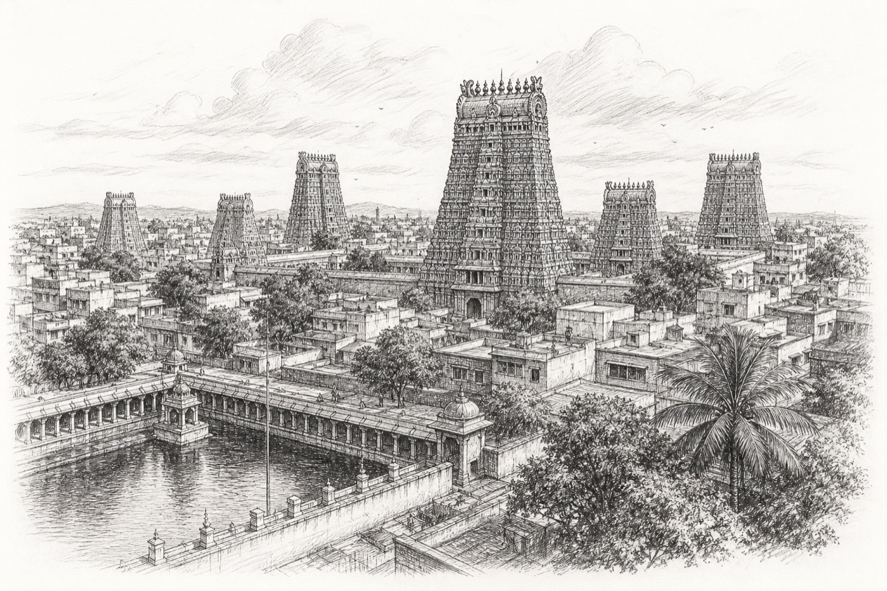 Hand-drawn pencil travel sketch for Madurai
