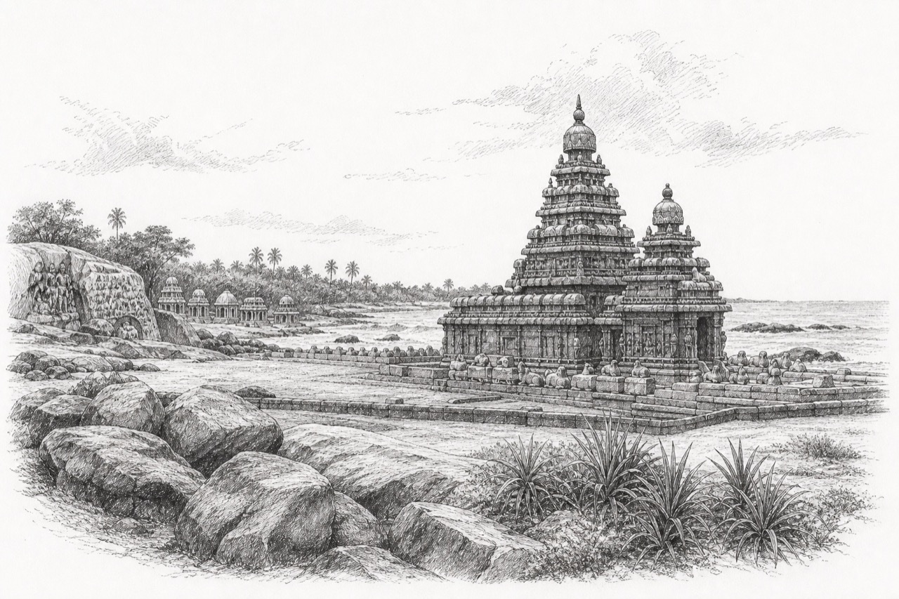 Hand-drawn pencil travel sketch for Mahabalipuram