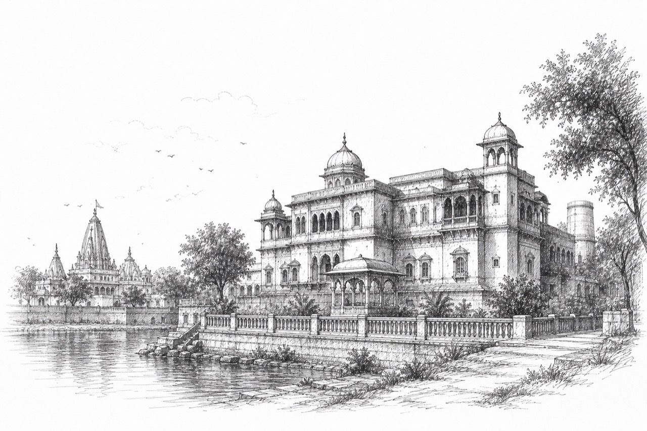 Hand-drawn pencil travel sketch for Mahesāna, India