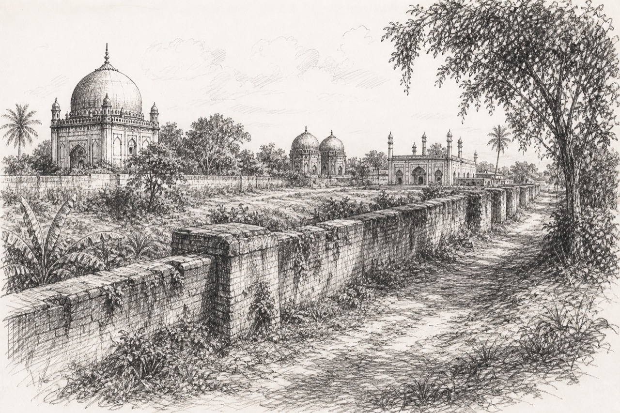 Hand-drawn pencil travel sketch for Malda