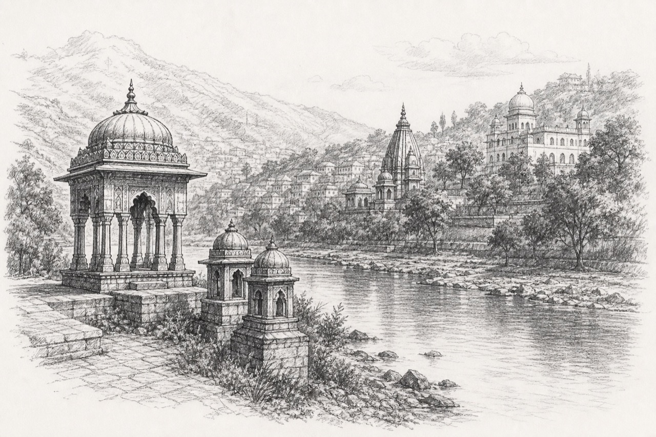 Hand-drawn pencil travel sketch for Mandi