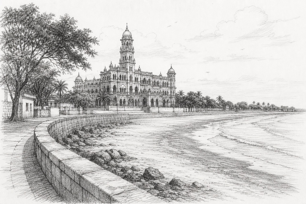 Hand-drawn pencil travel sketch for Māndvi