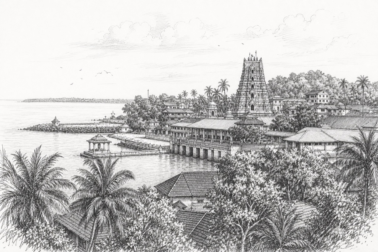 Hand-drawn pencil travel sketch for Mangaluru
