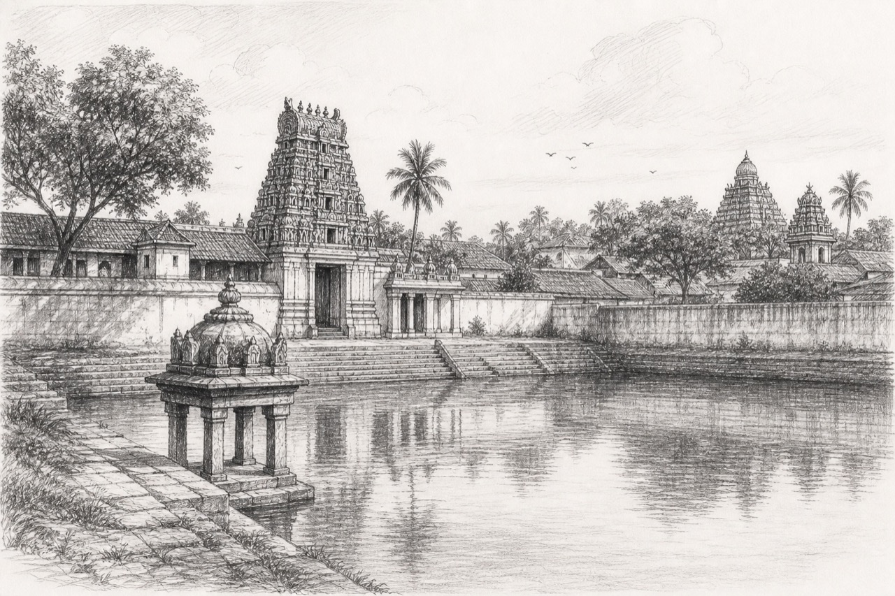 Hand-drawn pencil travel sketch for Mannargudi