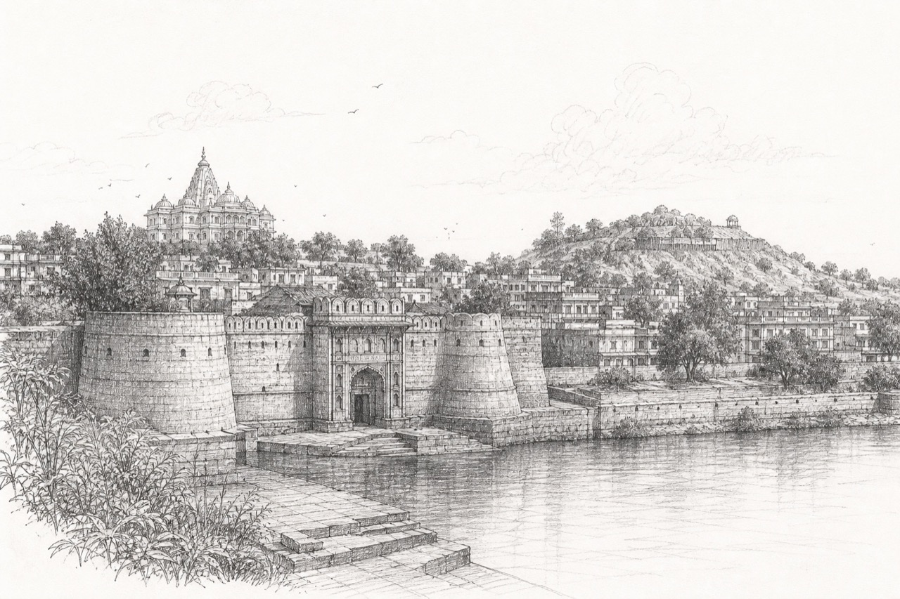 Hand-drawn pencil travel sketch for Mathura