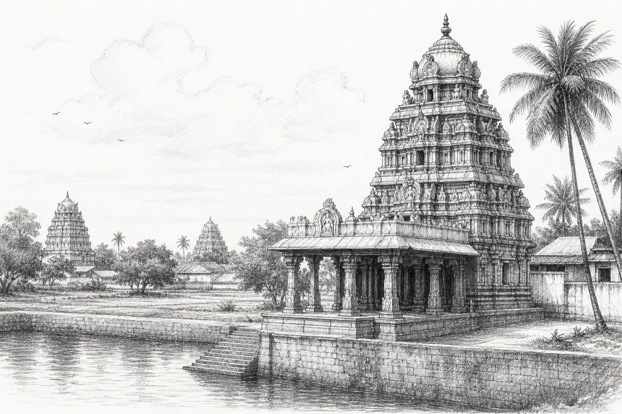 Hand-drawn pencil travel sketch for Mayiladuthurai