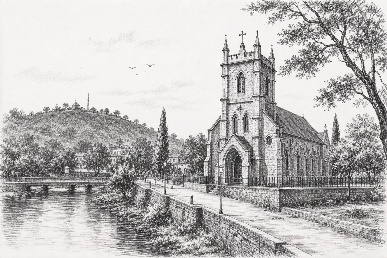 Hand-drawn pencil travel sketch for Mhow
