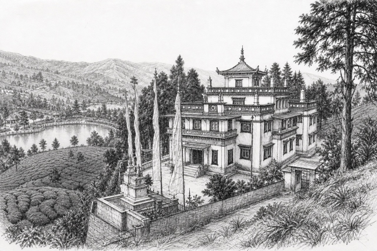 Hand-drawn pencil travel sketch for Mirik