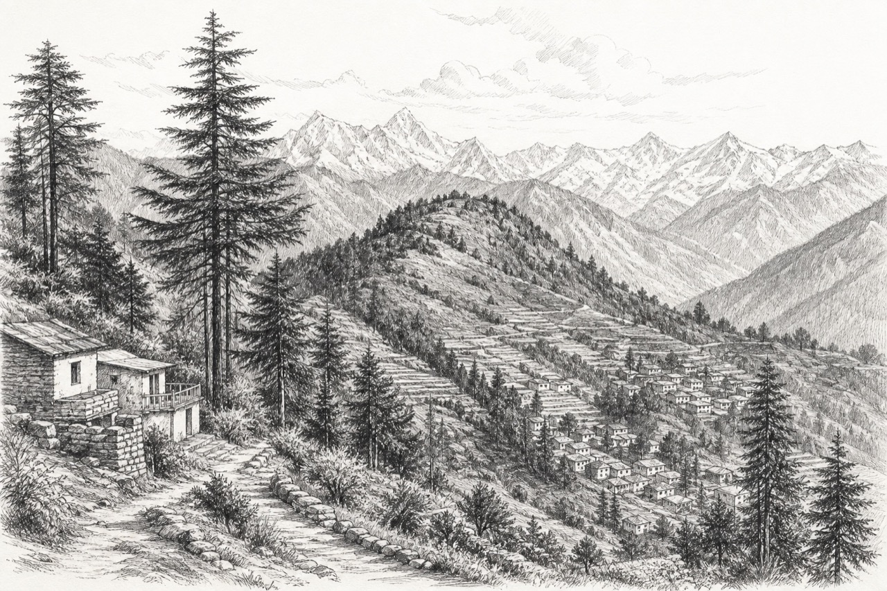 Hand-drawn pencil travel sketch for Munsiari area