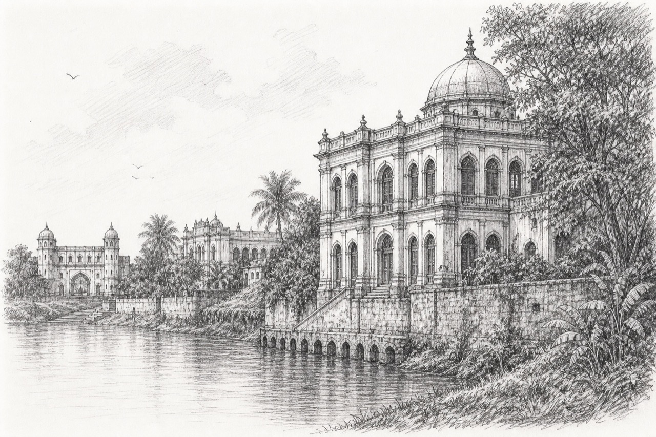Hand-drawn pencil travel sketch for Murshidābād