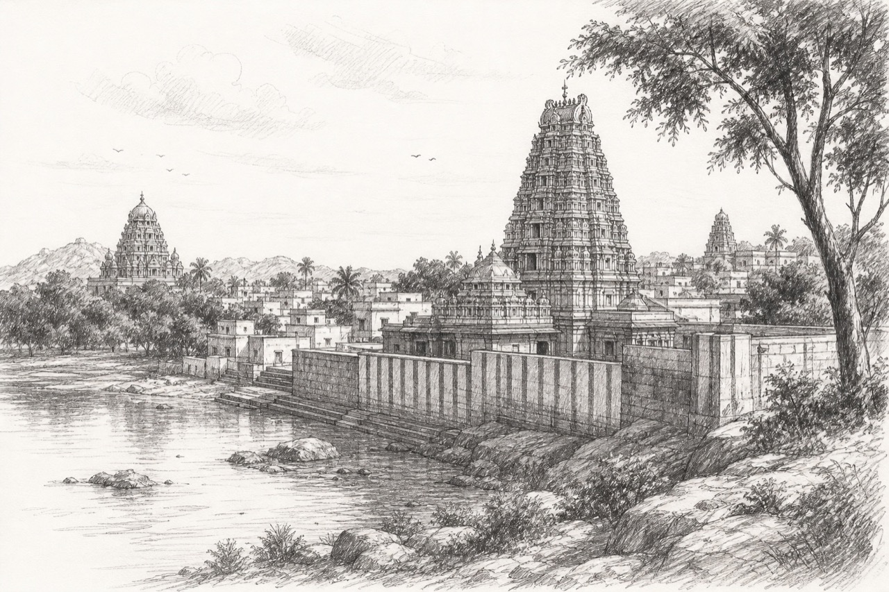 Hand-drawn pencil travel sketch for Musiri