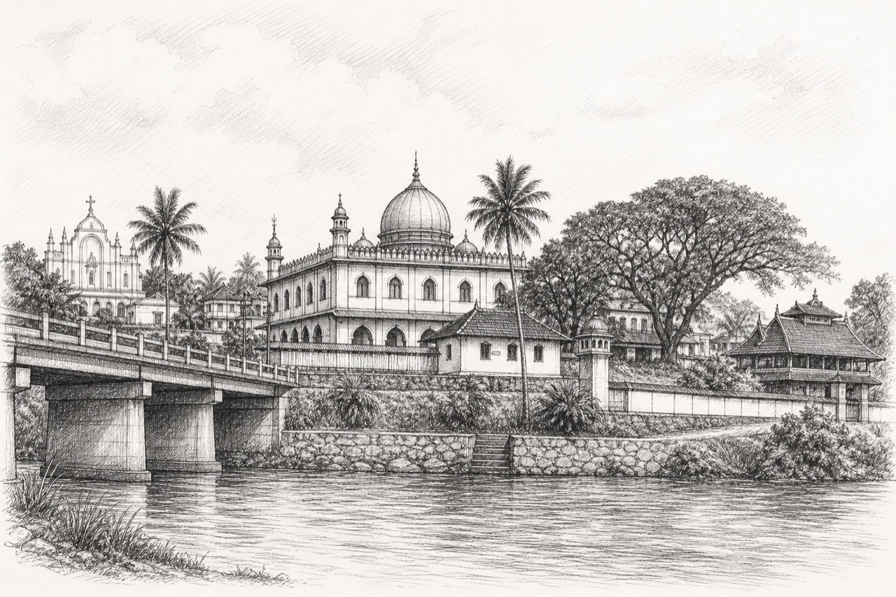 Hand-drawn pencil travel sketch for Muvattupuzha