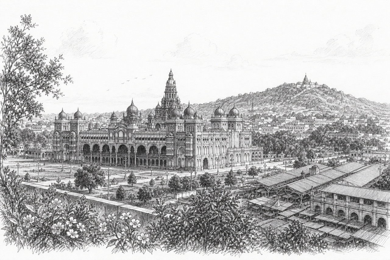 Hand-drawn pencil travel sketch for Mysuru