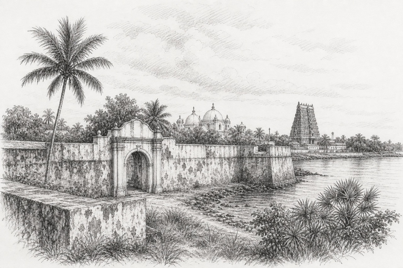 Hand-drawn pencil travel sketch for Nagapattinam