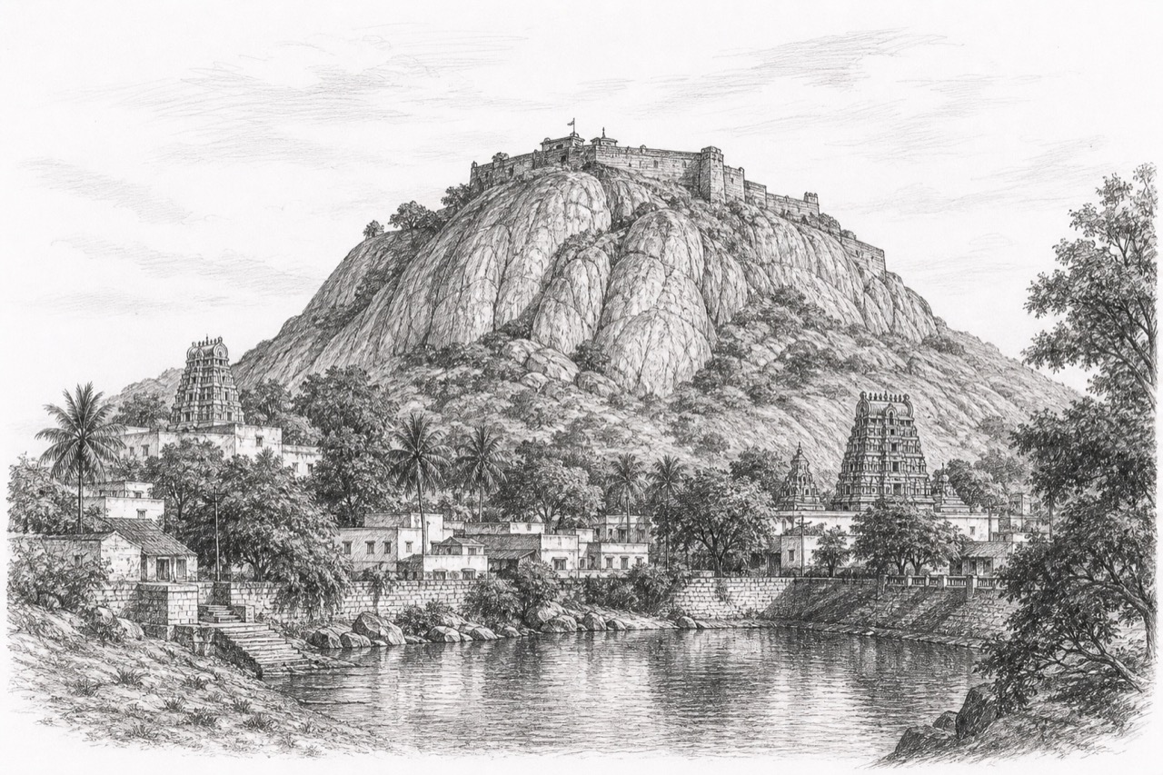 Hand-drawn pencil travel sketch for Nāmakkal