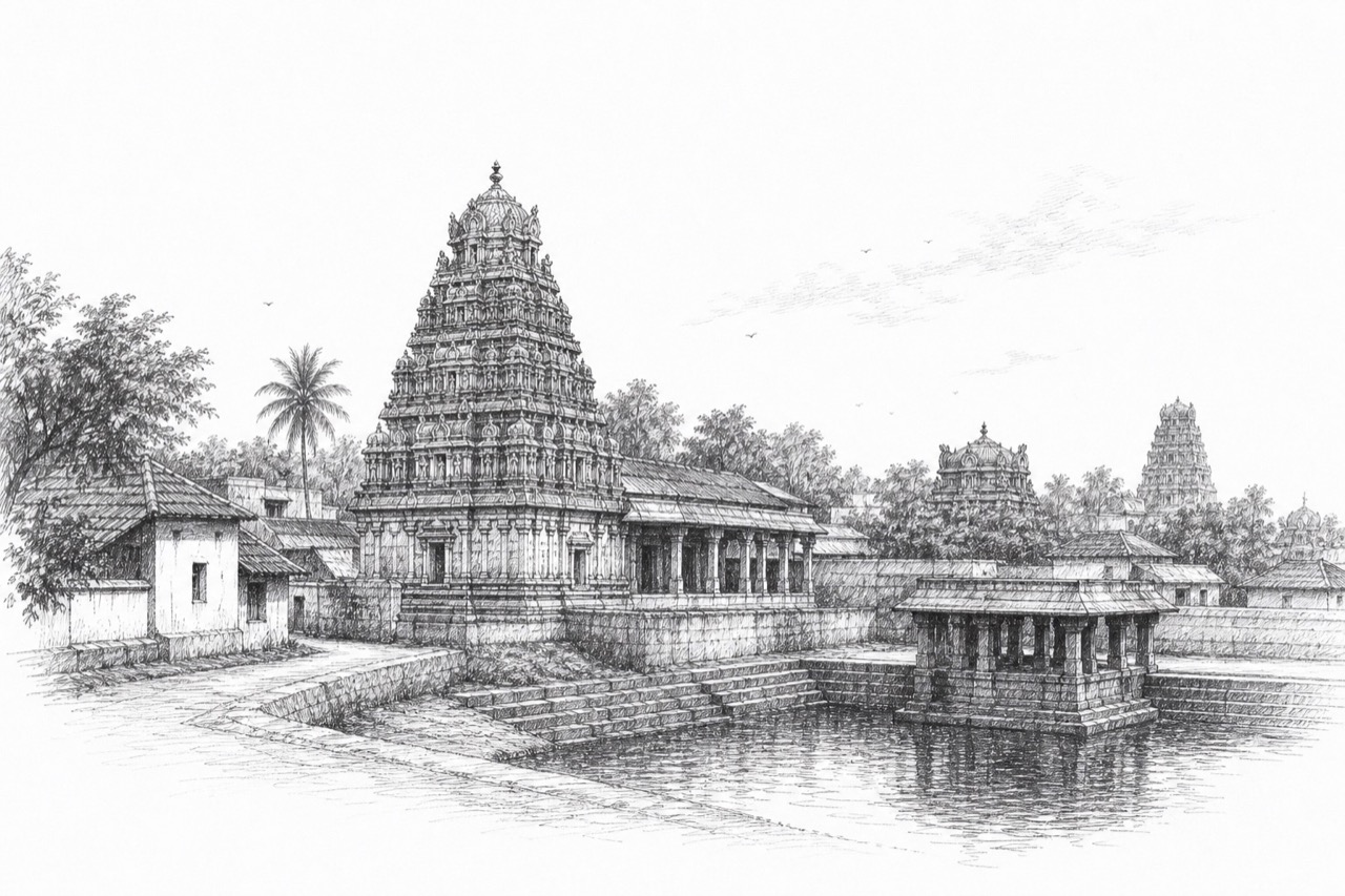 Hand-drawn pencil travel sketch for Nannilam, India