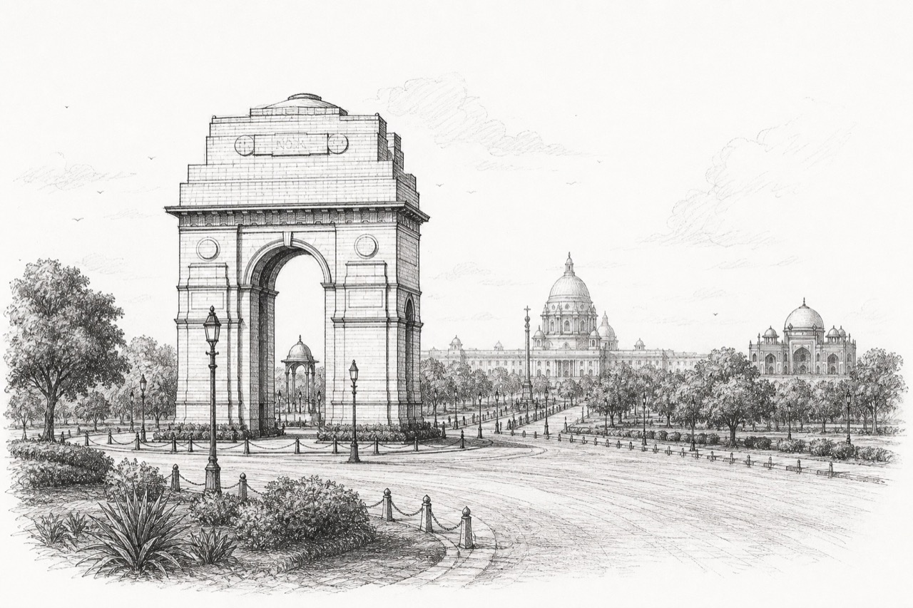 Hand-drawn pencil travel sketch for New Delhi