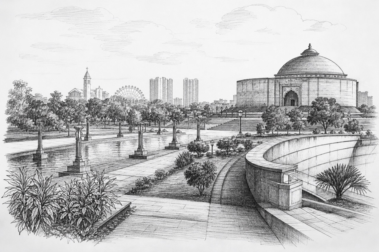 Hand-drawn pencil travel sketch for Noida