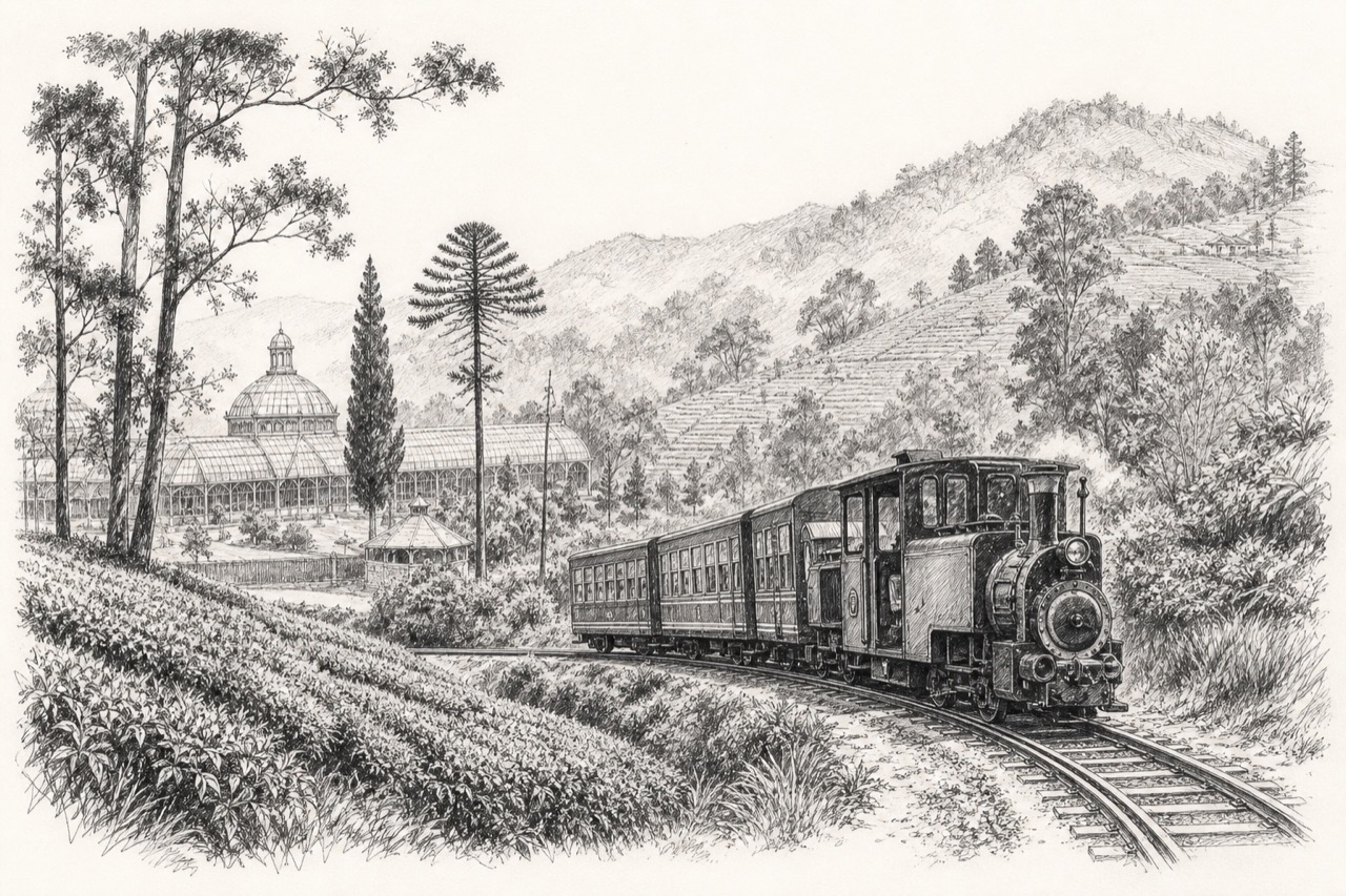 Hand-drawn pencil travel sketch for Ooty