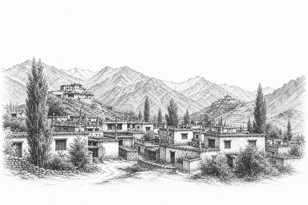 Hand-drawn pencil travel sketch for Padam, India