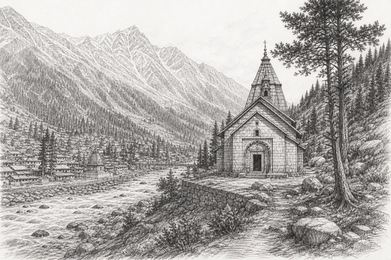 Hand-drawn pencil travel sketch for Pahalgam