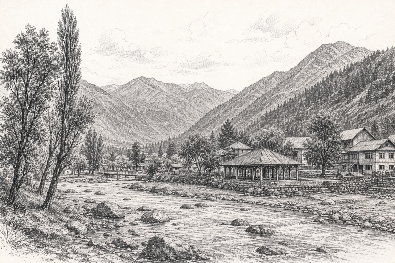 Hand-drawn pencil travel sketch for Pahalgam area