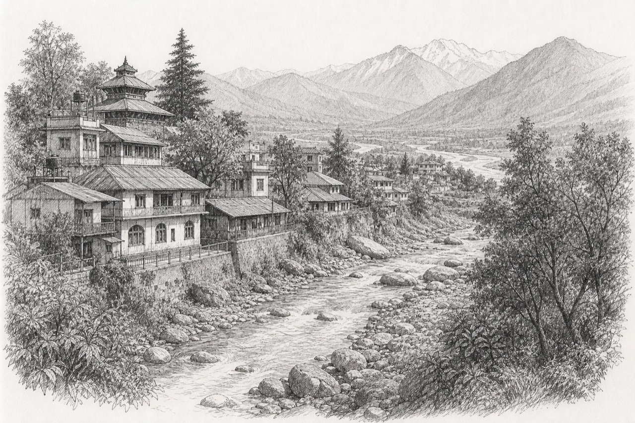 Hand-drawn pencil travel sketch for Pālampur