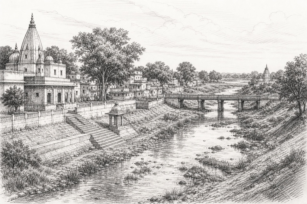 Hand-drawn pencil travel sketch for Pāndhurnā