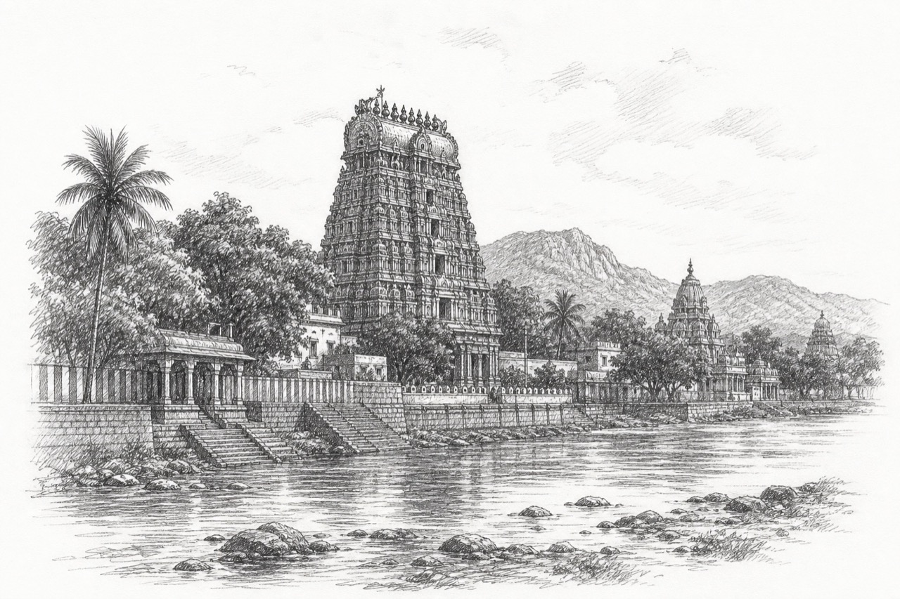 Hand-drawn pencil travel sketch for Papanasam