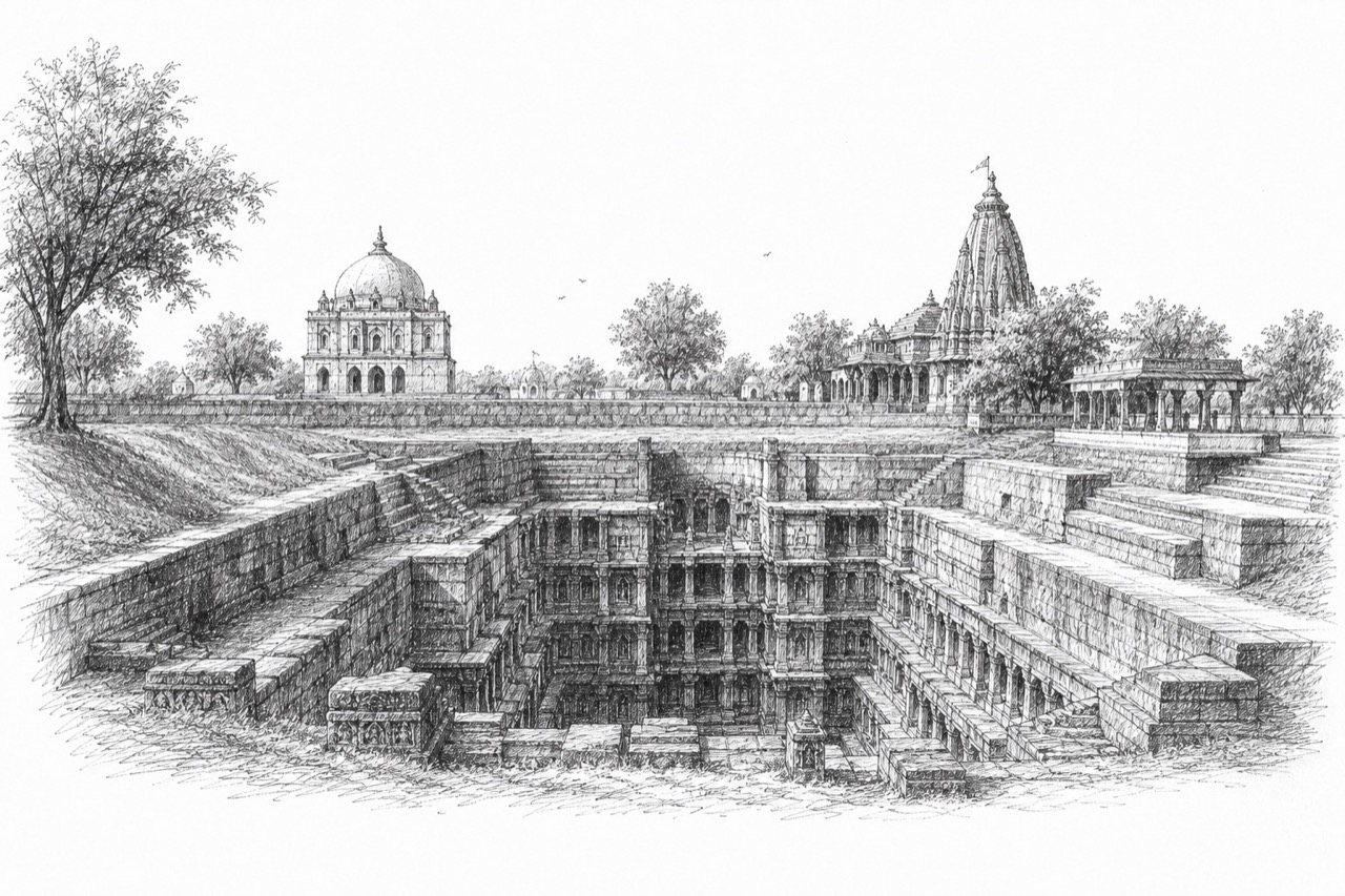 Hand-drawn pencil travel sketch for Pātan, India