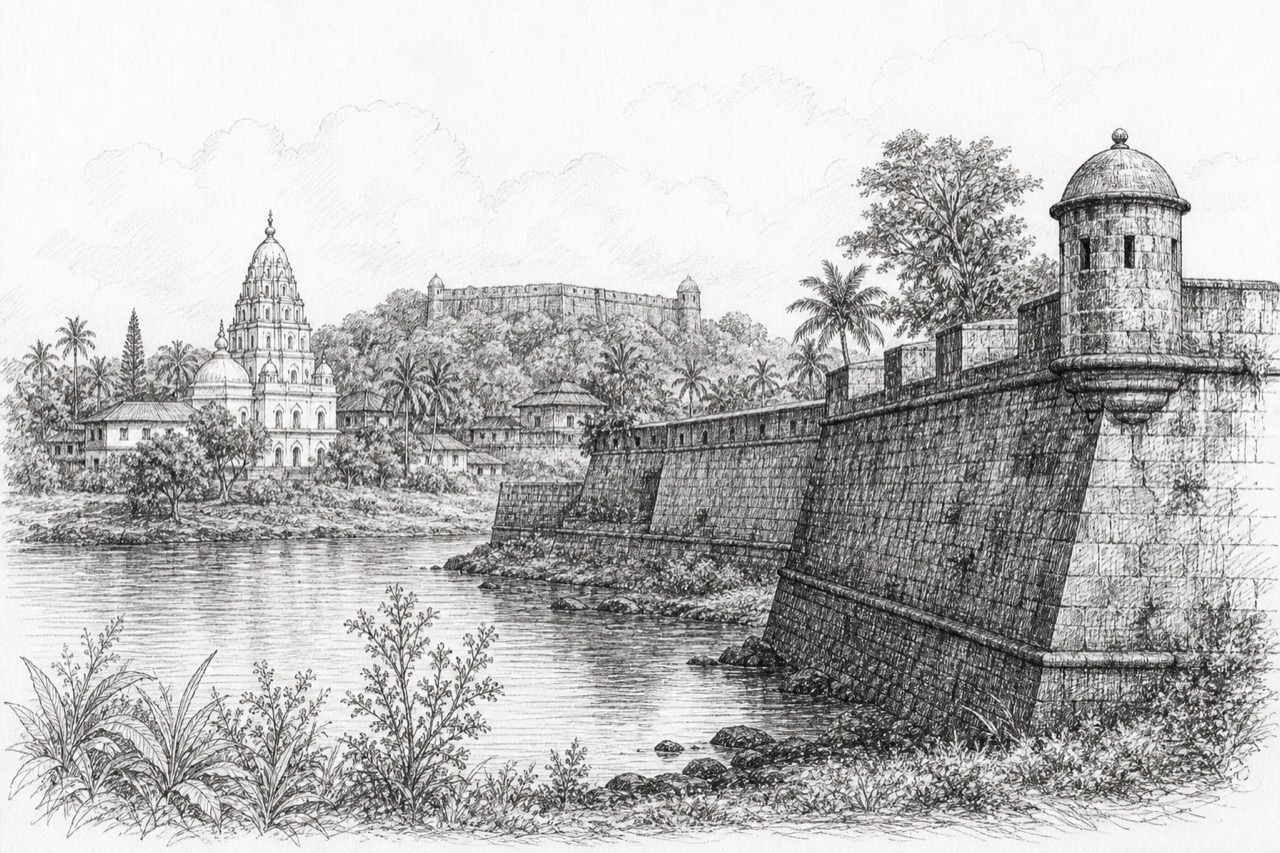 Hand-drawn pencil travel sketch for Ponda