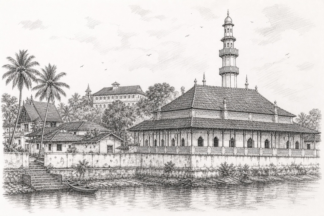 Hand-drawn pencil travel sketch for Ponnāni