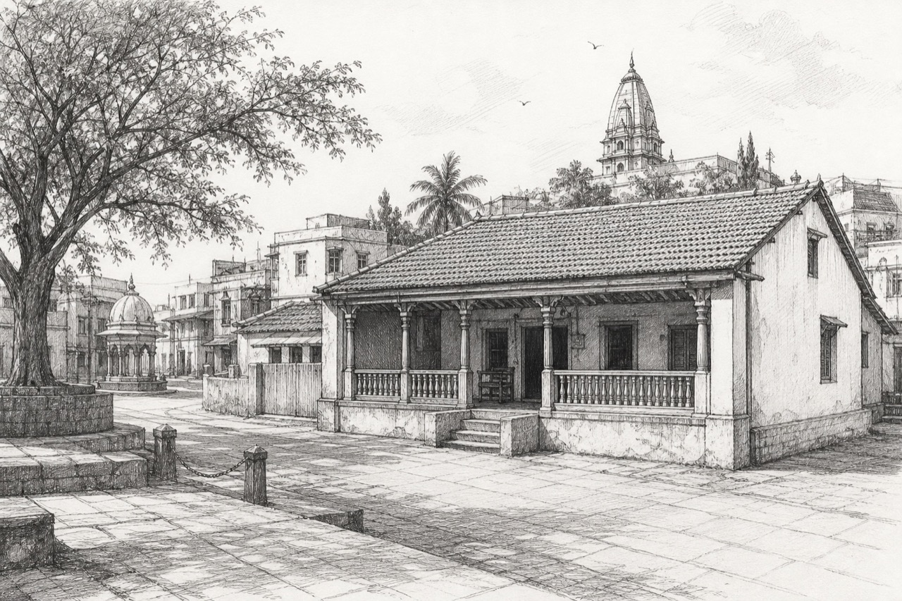 Hand-drawn pencil travel sketch for Porbandar