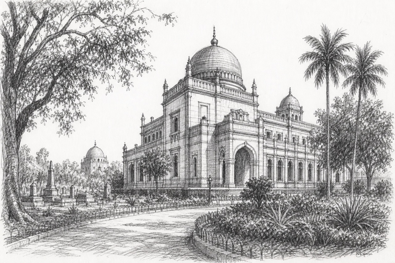 Hand-drawn pencil travel sketch for Prayagraj