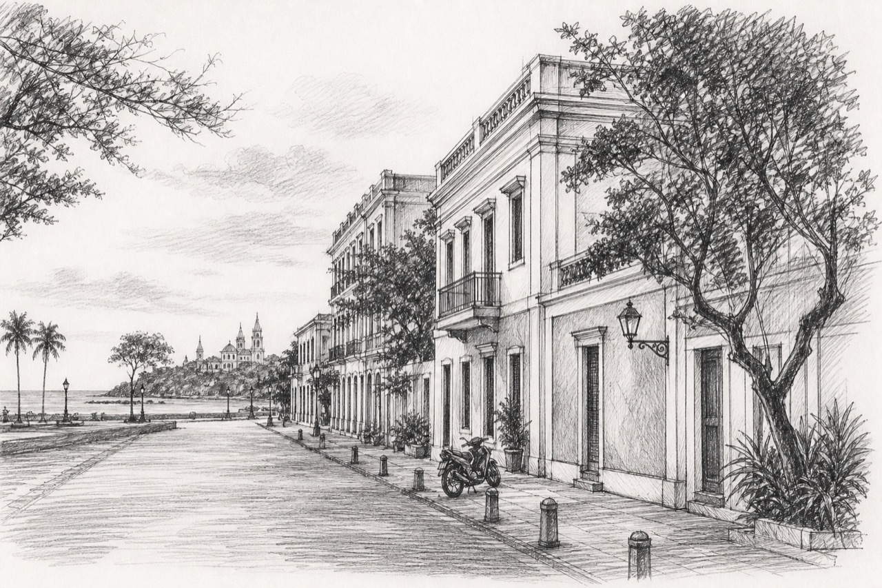 Hand-drawn pencil travel sketch for Puducherry