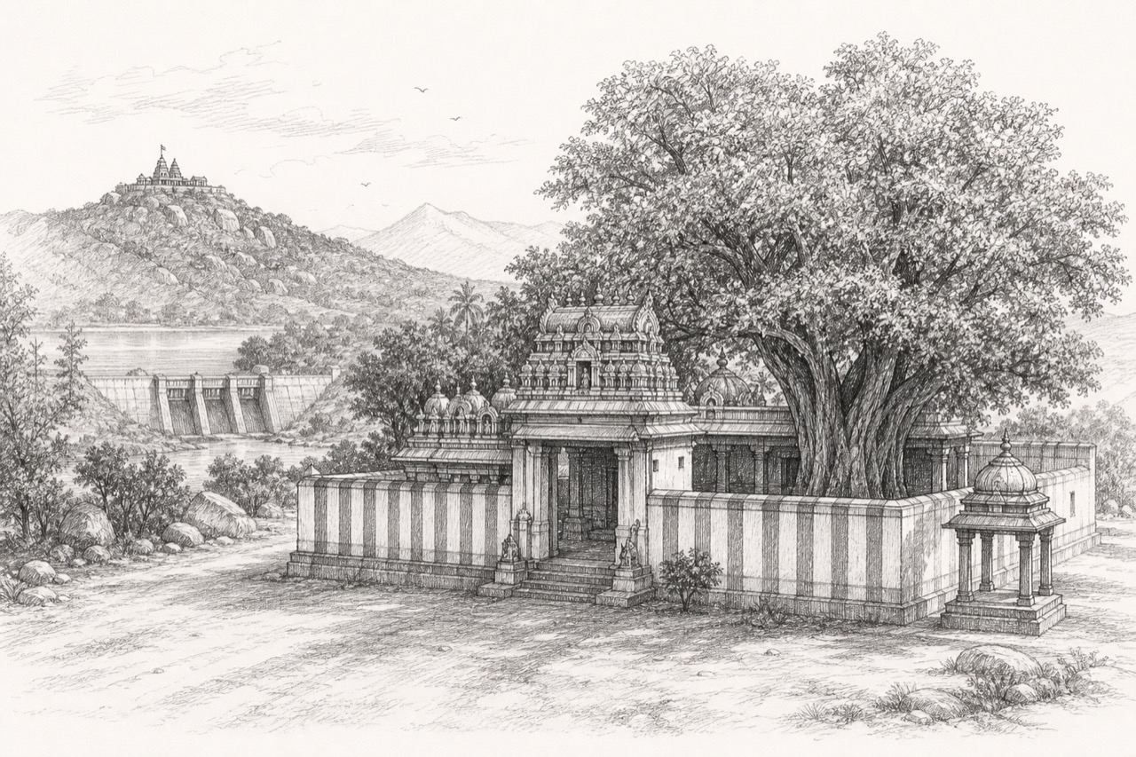 Hand-drawn pencil travel sketch for Puliyankudi
