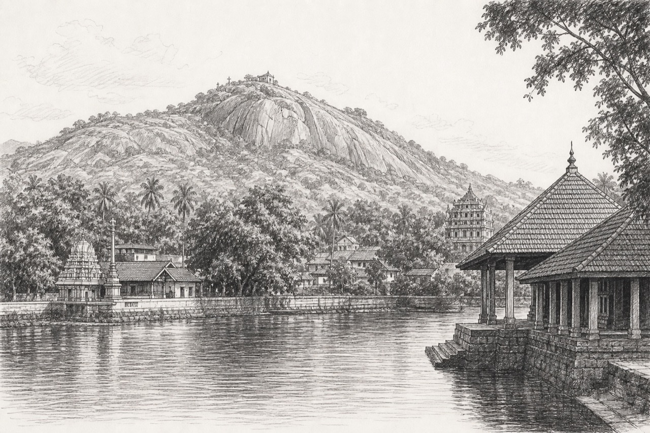 Hand-drawn pencil travel sketch for Punalūr