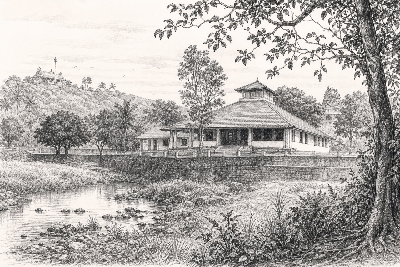 Hand-drawn pencil travel sketch for Punalur area
