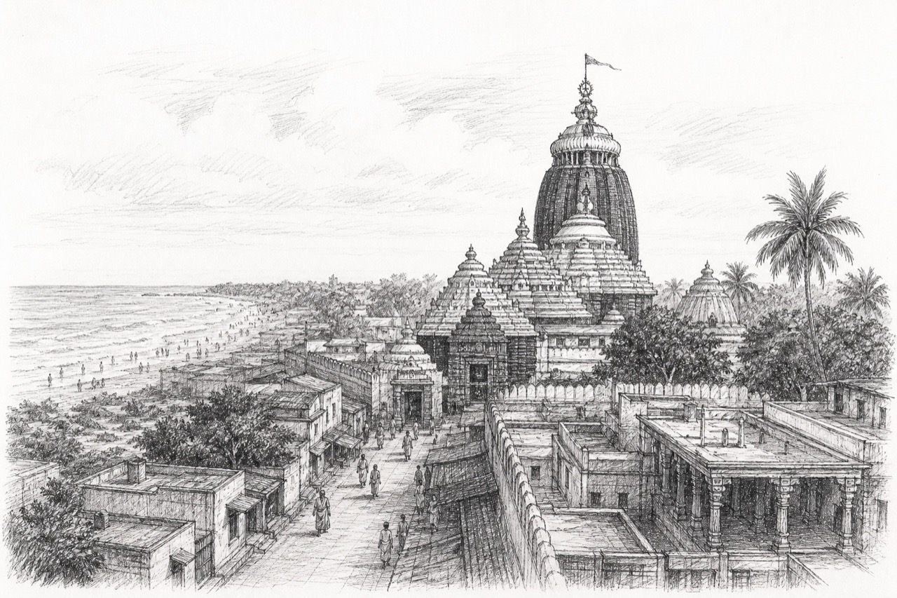 Hand-drawn pencil travel sketch for Puri