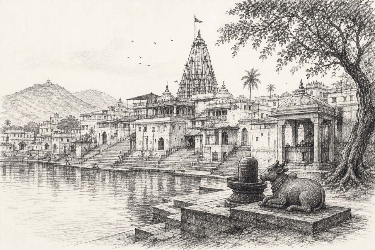 Hand-drawn pencil travel sketch for Pushkar area