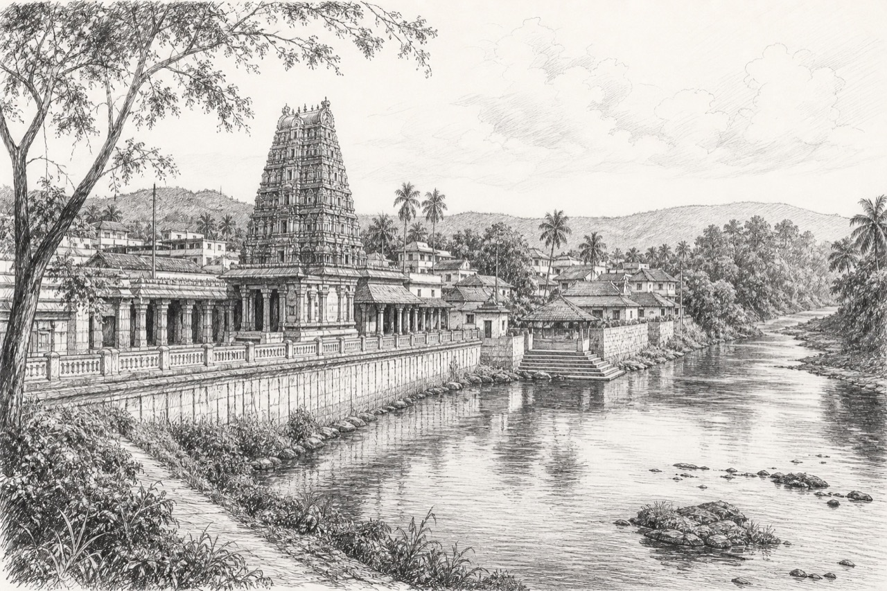 Hand-drawn pencil travel sketch for Puttūr