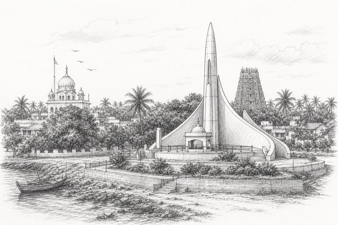 Hand-drawn pencil travel sketch for Rameswaram