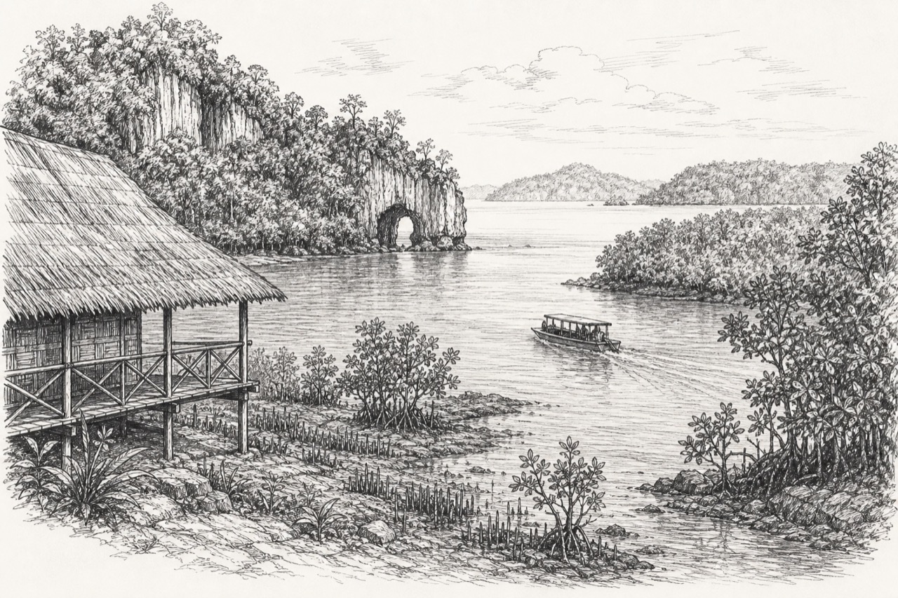 Hand-drawn pencil travel sketch for Rangat