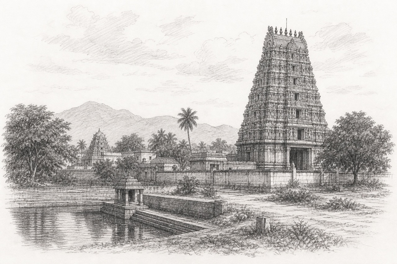 Hand-drawn pencil travel sketch for Rānipet