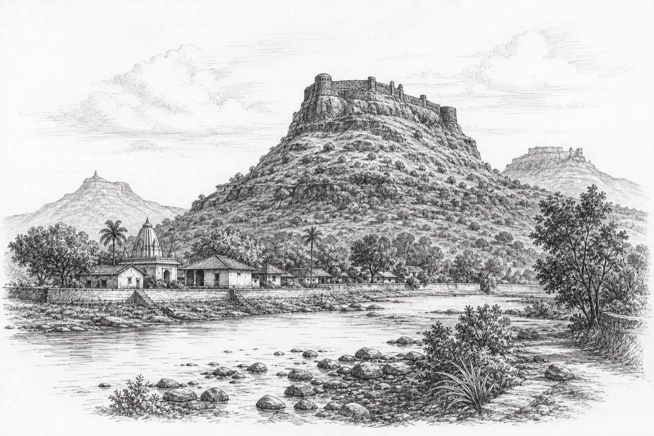 Hand-drawn pencil travel sketch for Roha