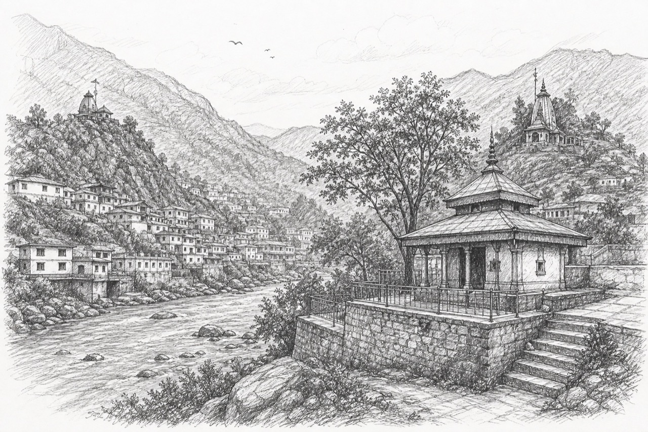 Hand-drawn pencil travel sketch for Rudraprayāg