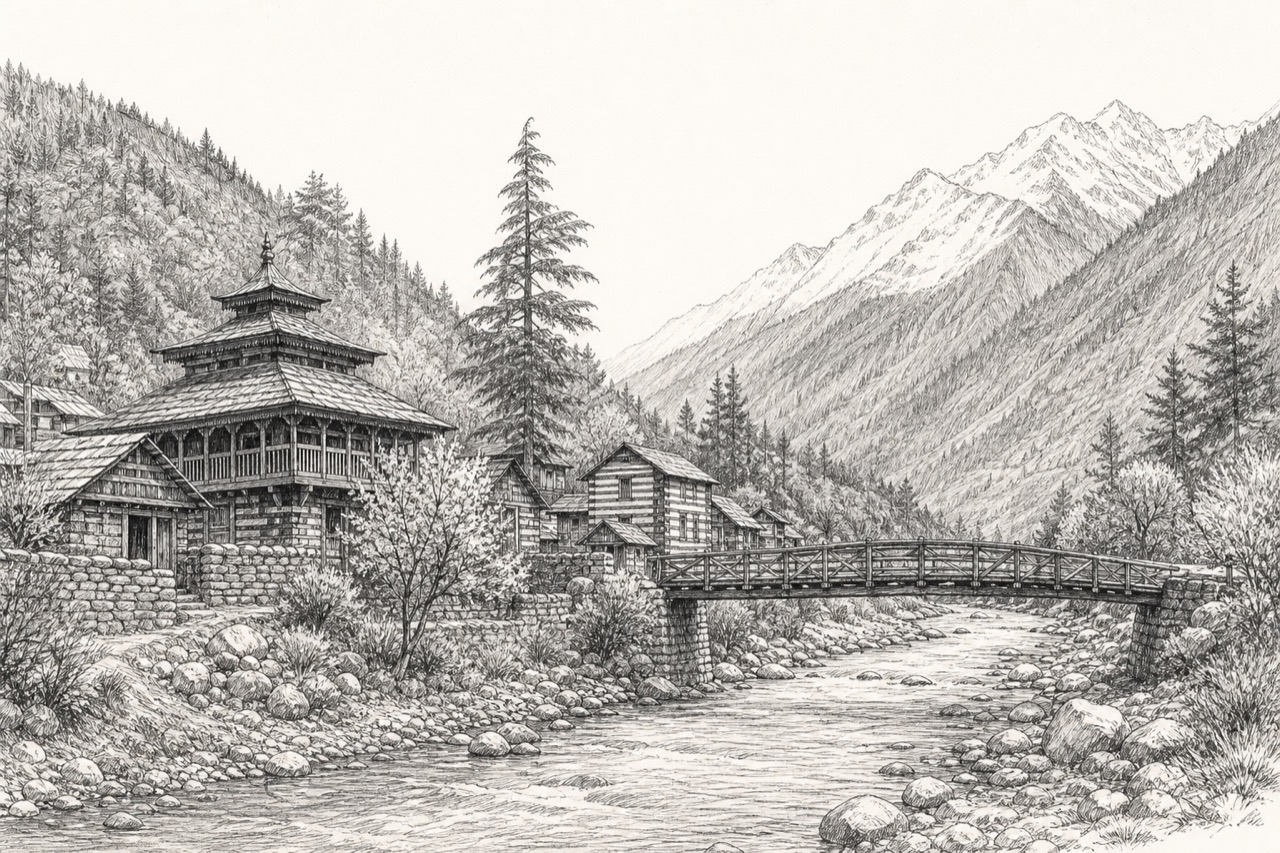 Hand-drawn pencil travel sketch for Sangla area