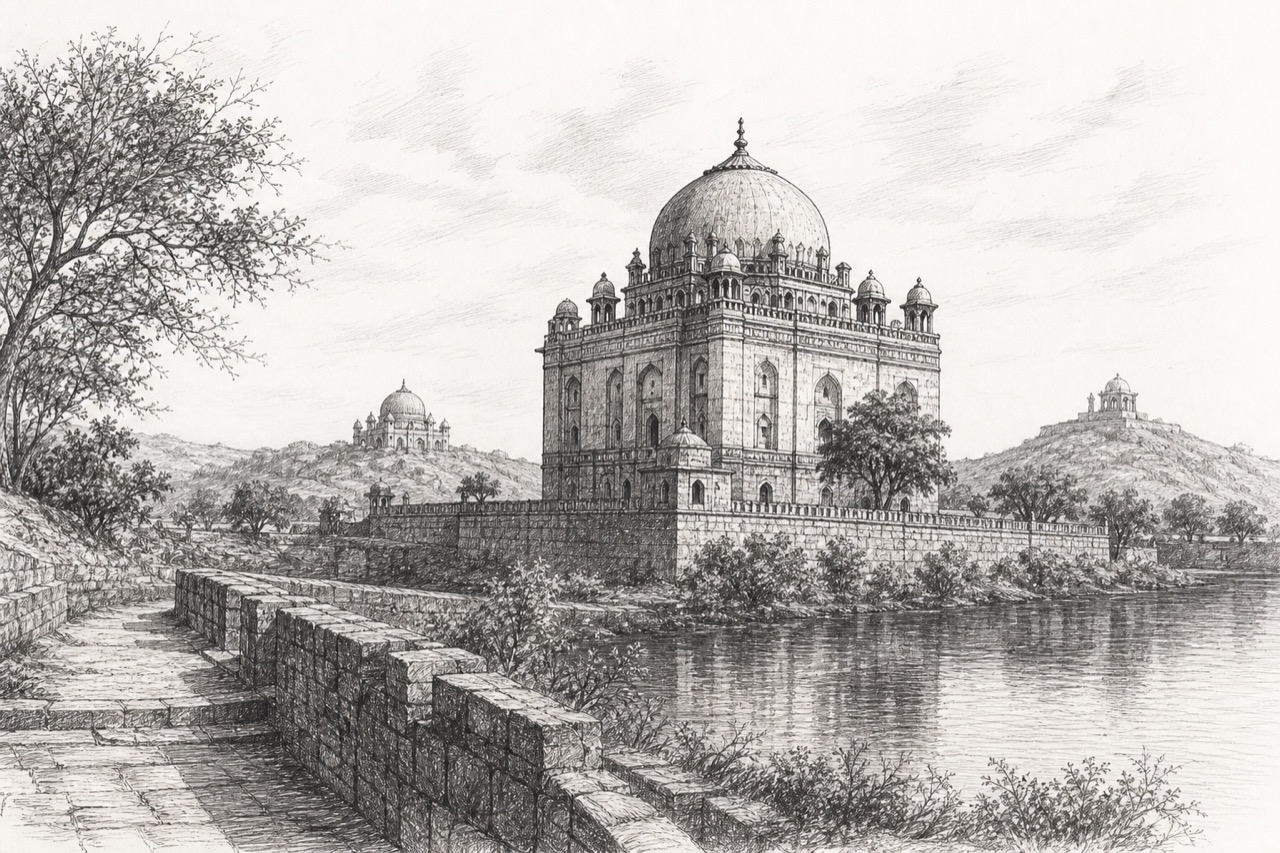 Hand-drawn pencil travel sketch for Sasarām