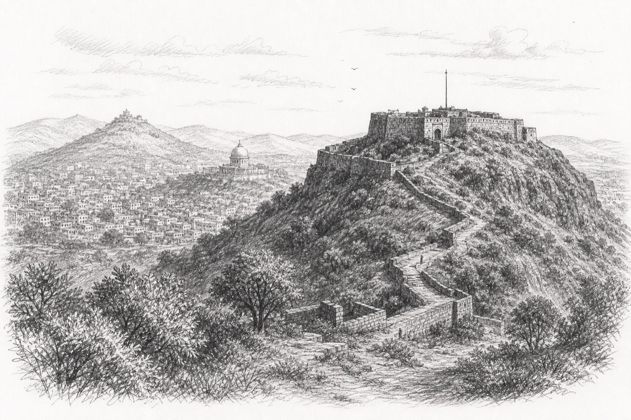 Hand-drawn pencil travel sketch for Satara