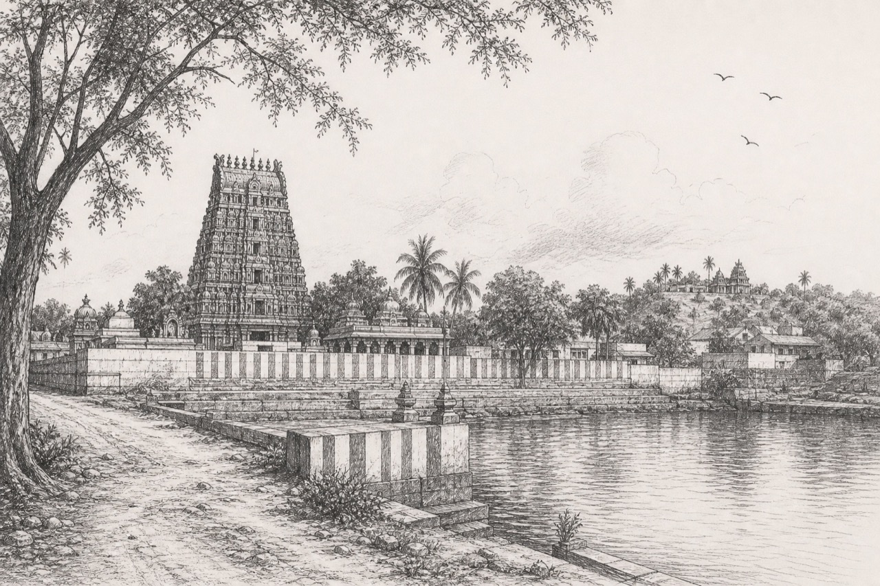 Hand-drawn pencil travel sketch for Sattur